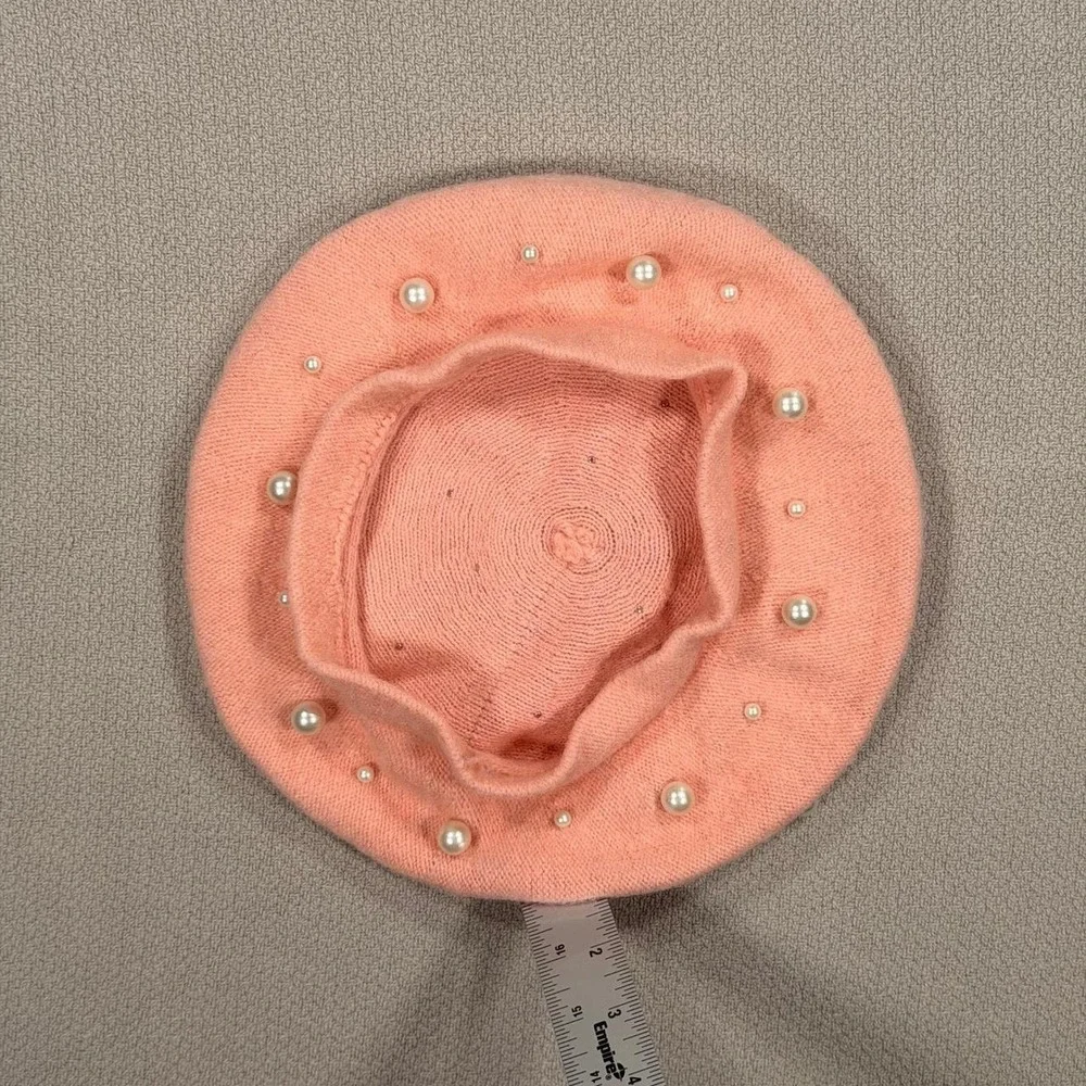 Unbranded Faux Pearl Knit Beret One Size Women Pink Peach Beaded Hat